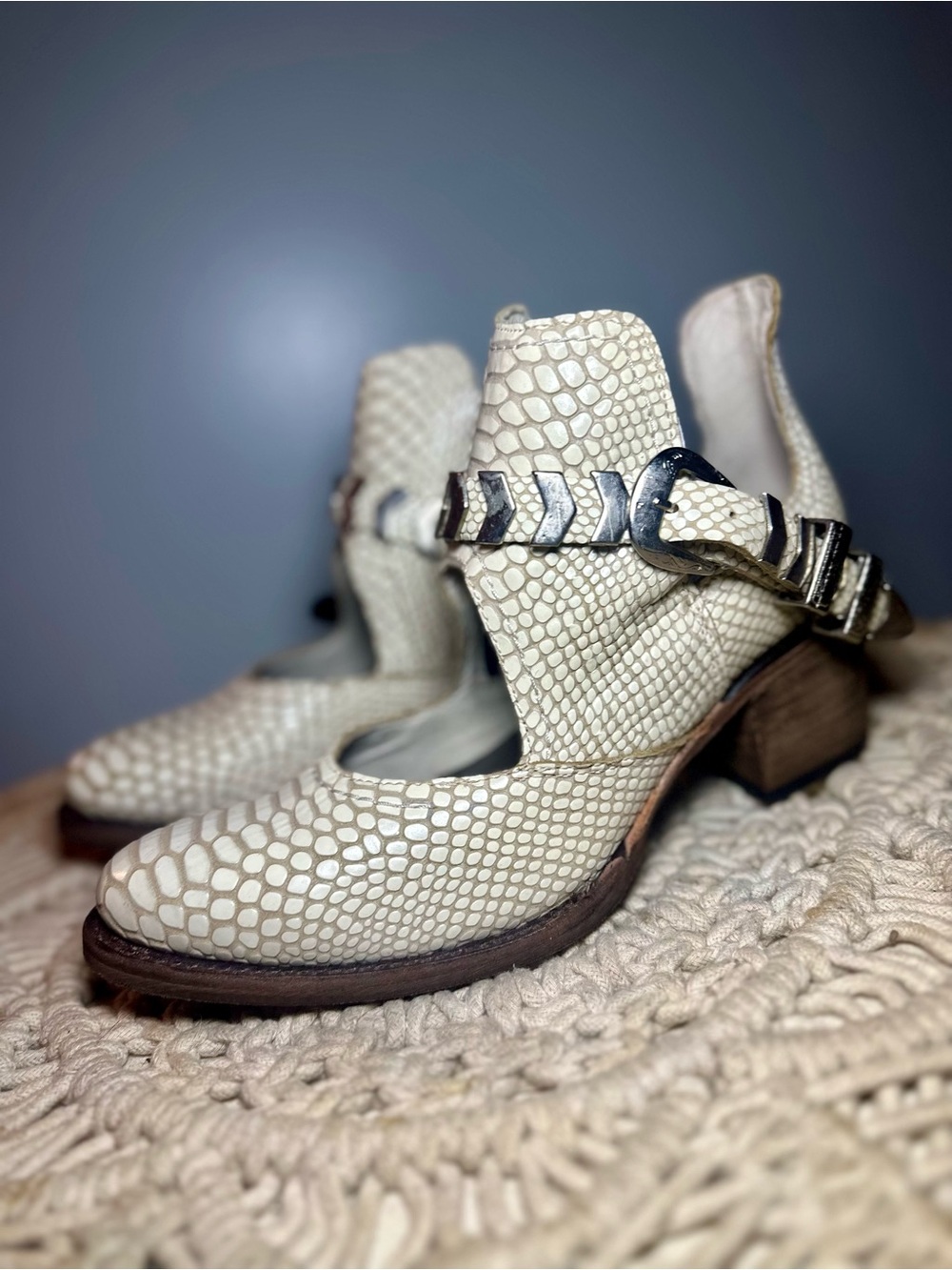 Freebird by Steven Blade Ivory Snake Buckle AnkleBoot Sz 8